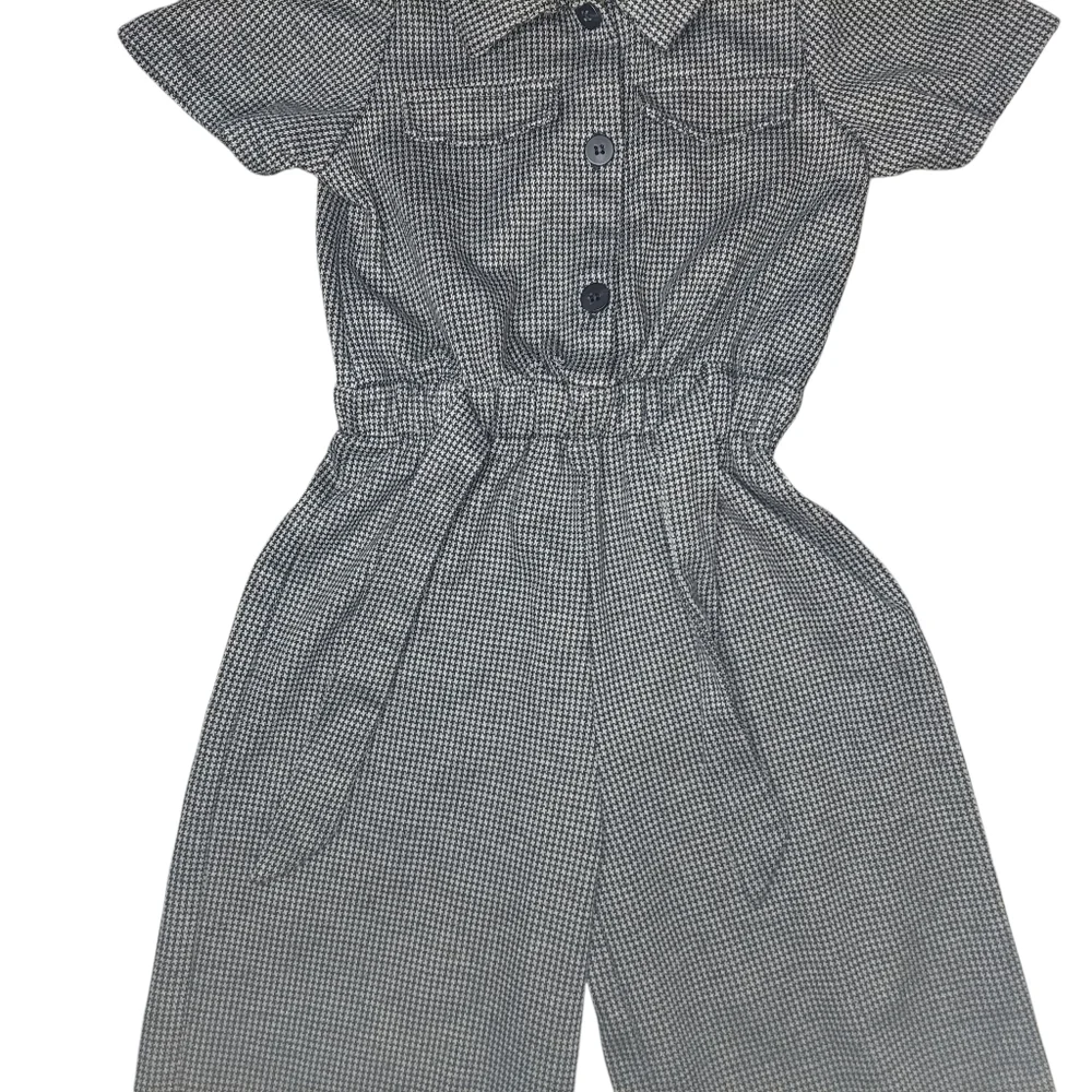 Zara Girls Size 8 Short Sleeve Utility Jumpsuit Houndstooth Gray Wide Leg